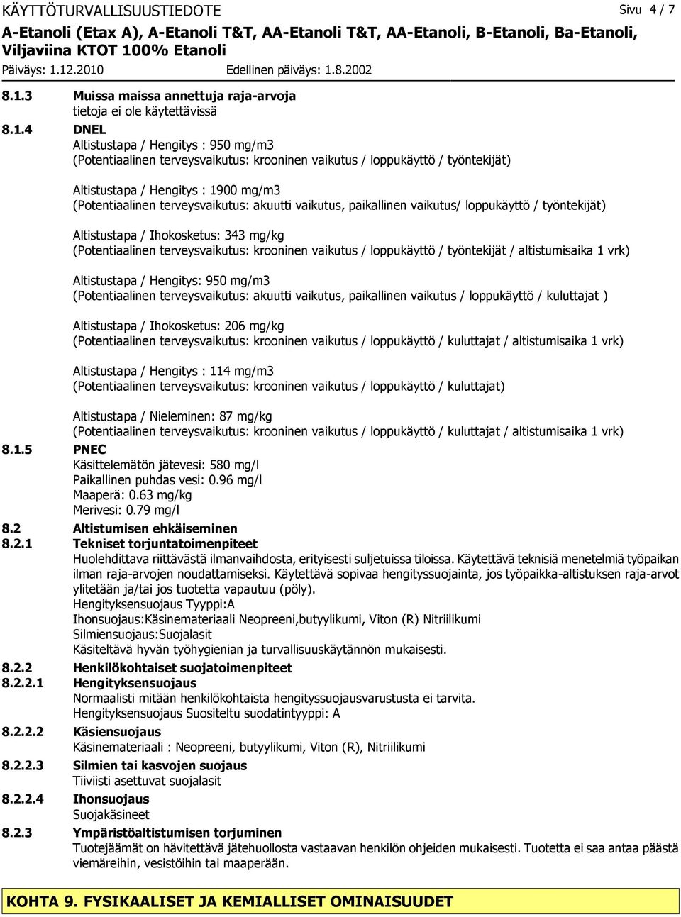 4 DNEL Altistustapa / Hengitys : 950 mg/m3 (Potentiaalinen terveysvaikutus: krooninen vaikutus / loppukäyttö / työntekijät) Altistustapa / Hengitys : 1900 mg/m3 (Potentiaalinen terveysvaikutus: