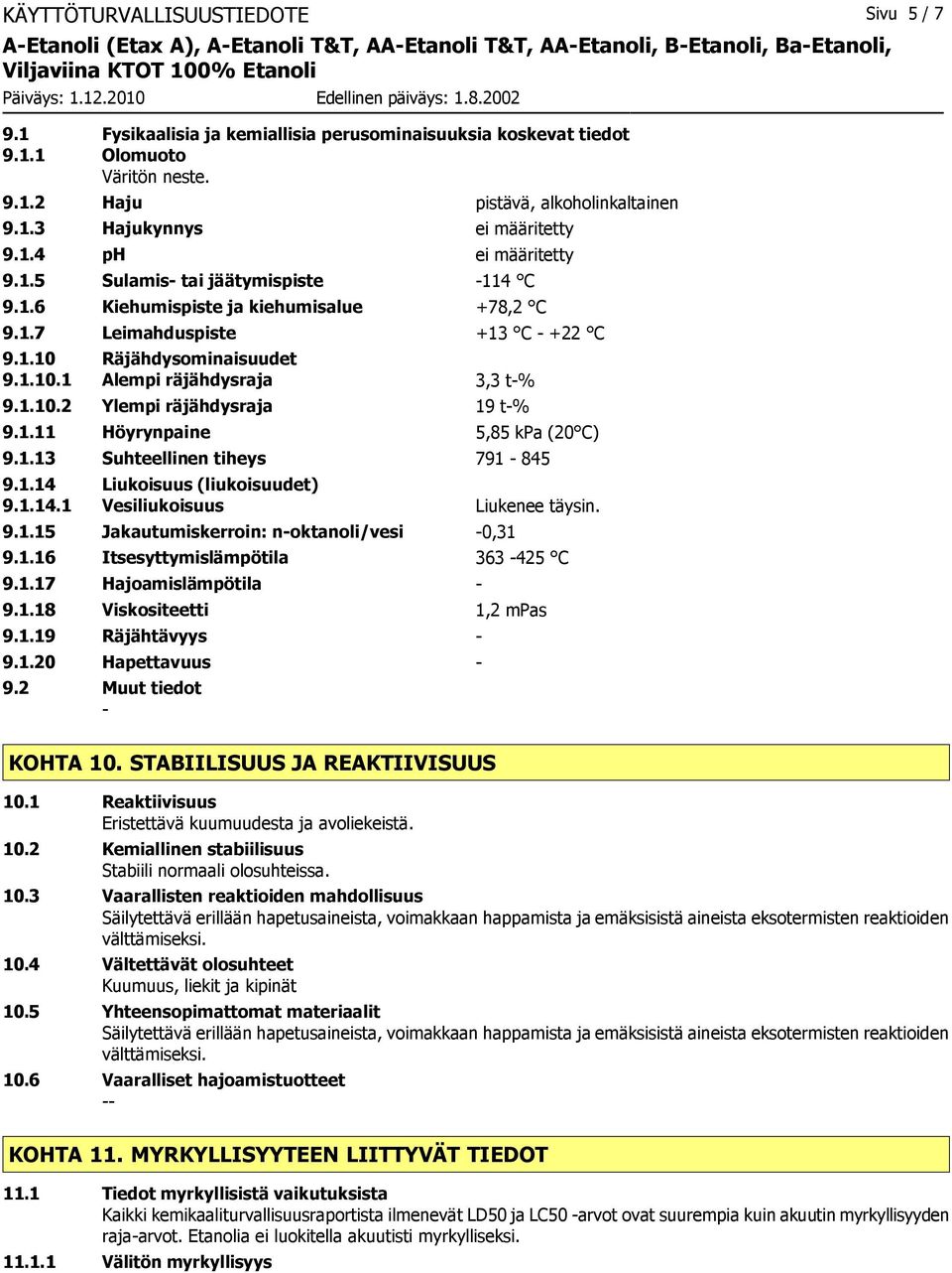 1.10 Räjähdysominaisuudet 9.1.10.1 Alempi räjähdysraja 3,3 t% 9.1.10.2 Ylempi räjähdysraja 19 t% 9.1.11 Höyrynpaine 5,85 kpa (20 C) 9.1.13 Suhteellinen tiheys 791 845 9.1.14 Liukoisuus (liukoisuudet) 9.