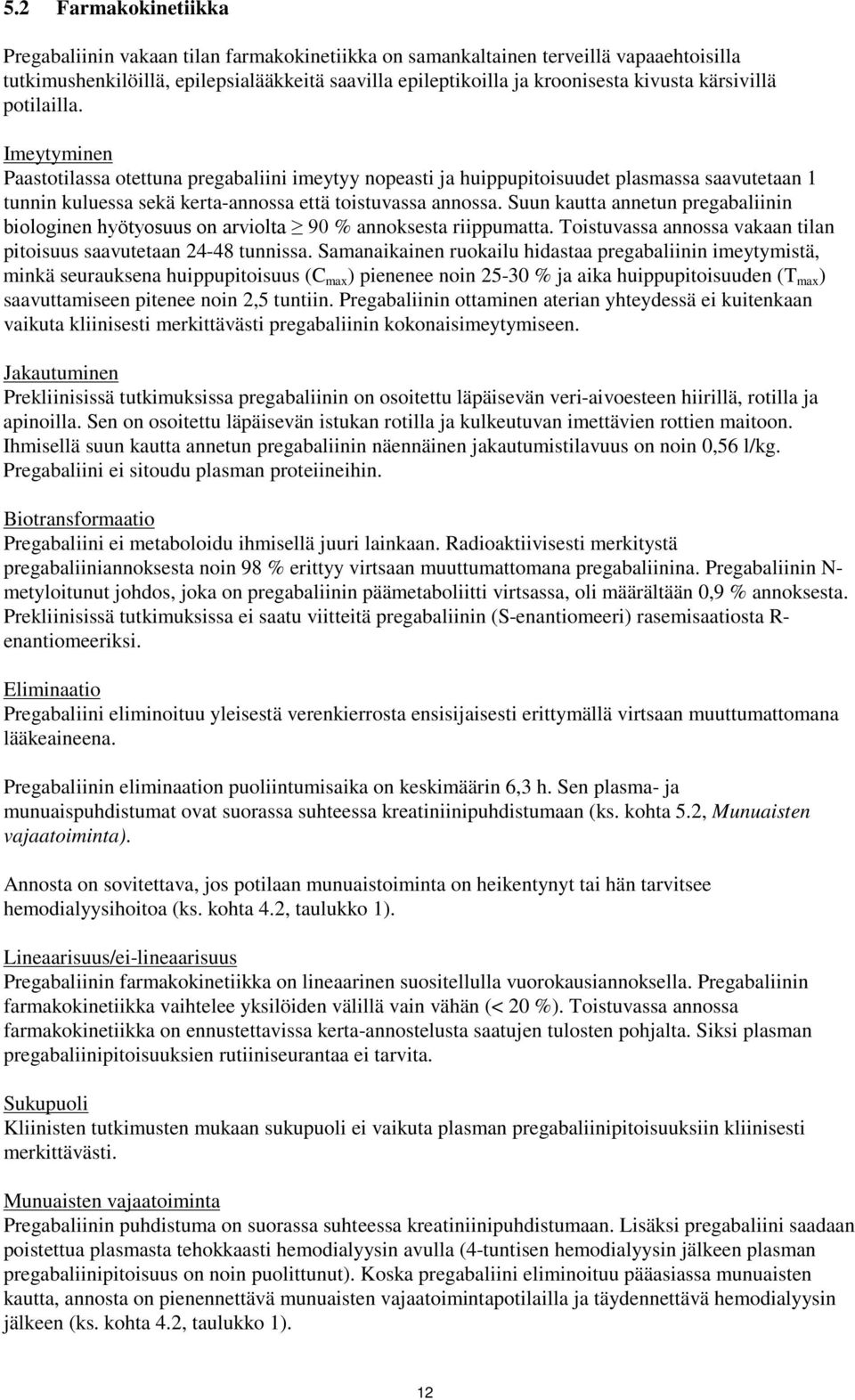 Suun kautta annetun pregabaliinin biologinen hyötyosuus on arviolta 90 % annoksesta riippumatta. Toistuvassa annossa vakaan tilan pitoisuus saavutetaan 24-48 tunnissa.