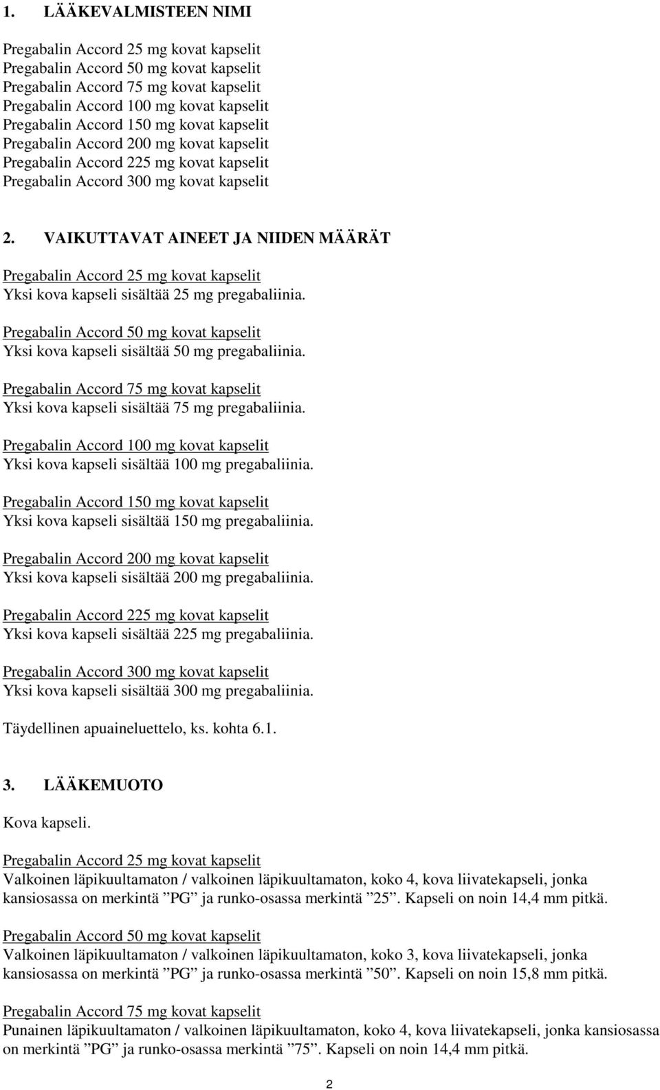 VAIKUTTAVAT AINEET JA NIIDEN MÄÄRÄT Pregabalin Accord 25 mg kovat kapselit Yksi kova kapseli sisältää 25 mg pregabaliinia.