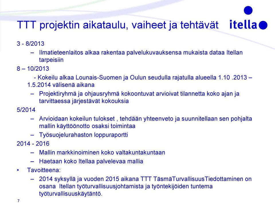 2014 välisenä aikana Projektiryhmä ja ohjausryhmä kokoontuvat arvioivat tilannetta koko ajan ja tarvittaessa järjestävät kokouksia Arvioidaan kokeilun tulokset, tehdään yhteenveto ja suunnitellaan