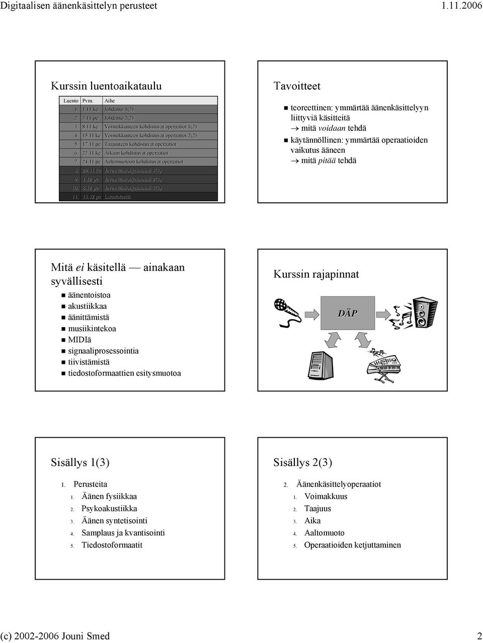 12 pe Luentotentti Voimakkuuteen kohdistuvat operaatiot 1(2) Javan ääniohjelmointi 2(3) Javan ääniohjelmointi 3(3) Tavoitteet teoreettinen: ymmärtää äänenkäsittelyyn liittyviä käsitteitä mitä voidaan