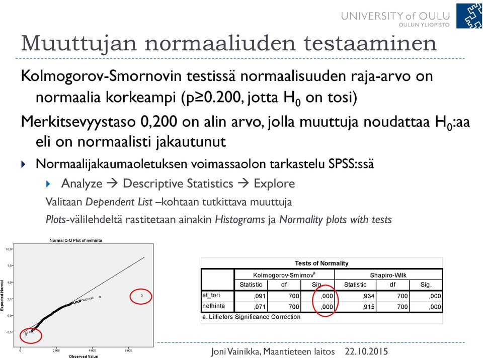 tarkastelu SPSS:ssä Analyze Descriptive Statistics Explore Valitaan Dependent List kohtaan tutkittava muuttuja Plots-välilehdeltä rastitetaan ainakin Histograms ja