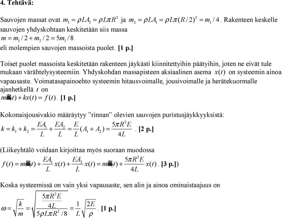 omaaapanoeho eemn hauvomalle, jouvomalle ja heräekuormalle ajanhekellä on mx &&() + kx () = f(). [1 p.