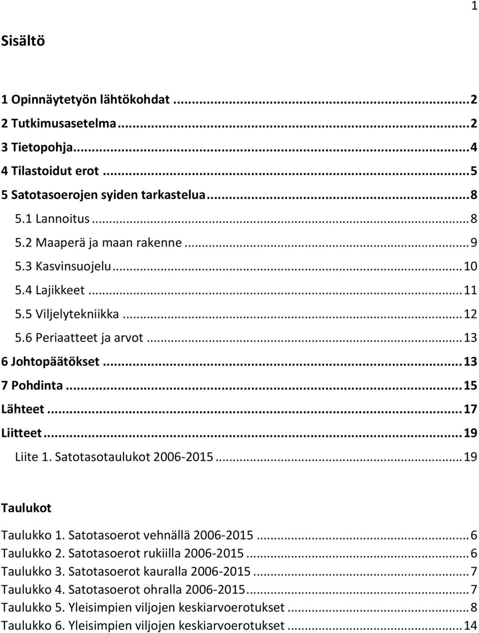 Satotasotaulukot 2006-2015... 19 Taulukot Taulukko 1. Satotasoerot vehnällä 2006-2015... 6 Taulukko 2. Satotasoerot rukiilla 2006-2015... 6 Taulukko 3. Satotasoerot kauralla 2006-2015.