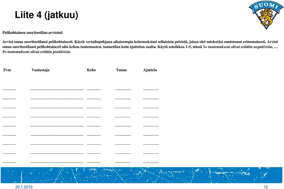 Arvioi omaa suoritustilaasi pelikohtaisesti niin kehon tuntemusten, tunnetilan kuin ajattelun osalta.