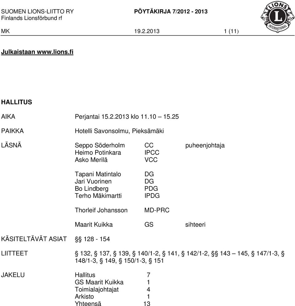 Vuorinen Bo Lindberg Terho Mäkimartti Thorleif Johansson DG DG PDG IPDG MD-PRC KÄSITELTÄVÄT ASIAT 128-154 Maarit Kuikka GS sihteeri LIITTEET