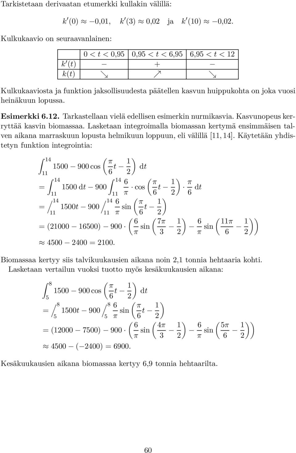 Kasvunopeus kerryttää kasvin biomassaa. Lasketaan integroimalla biomassan kertymä ensimmäisen talven aikana marraskuun lopusta helmikuun loppuun, eli välillä [11, 14].