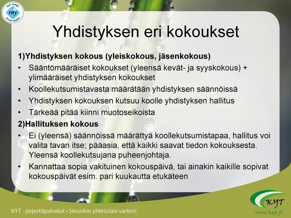 muotoseikoista 2)Hallituksen kokous Ei (yleensä) säännöissä määrättyä koollekutsumistapaa, hallitus voi valita tavan itse; pääasia, että kaikki saavat