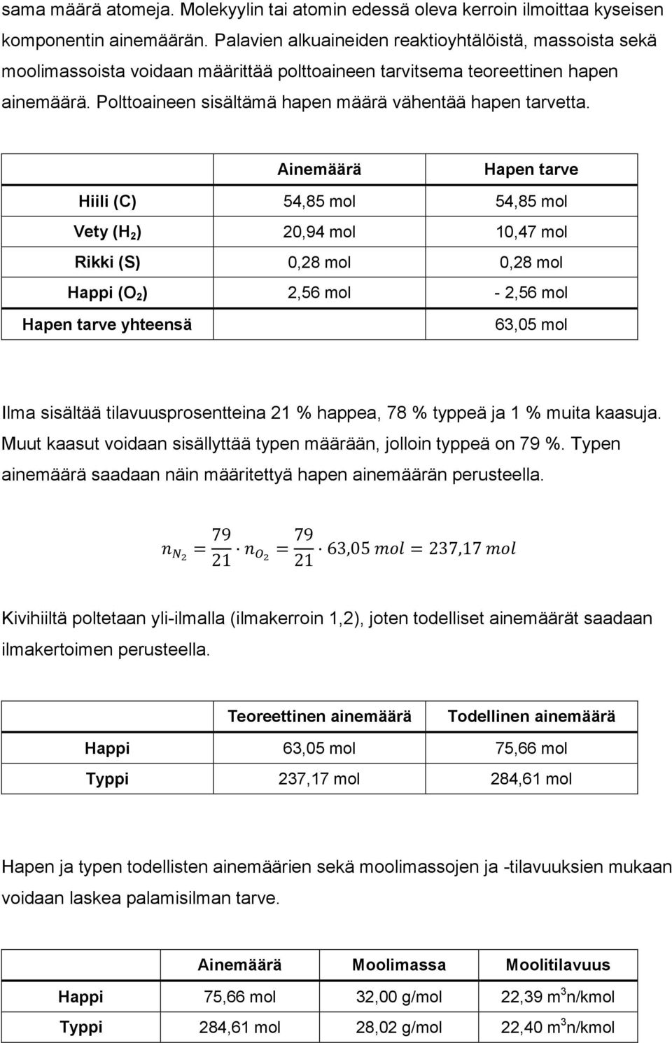 Polttoaineen sisältämä hapen määrä vähentää hapen tarvetta.