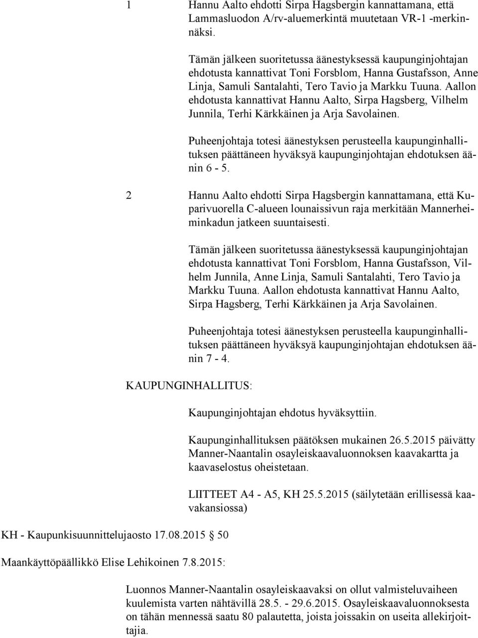 Aal lon ehdotusta kannattivat Hannu Aalto, Sirpa Hagsberg, Vil helm Junnila, Terhi Kärkkäinen ja Arja Savolainen.