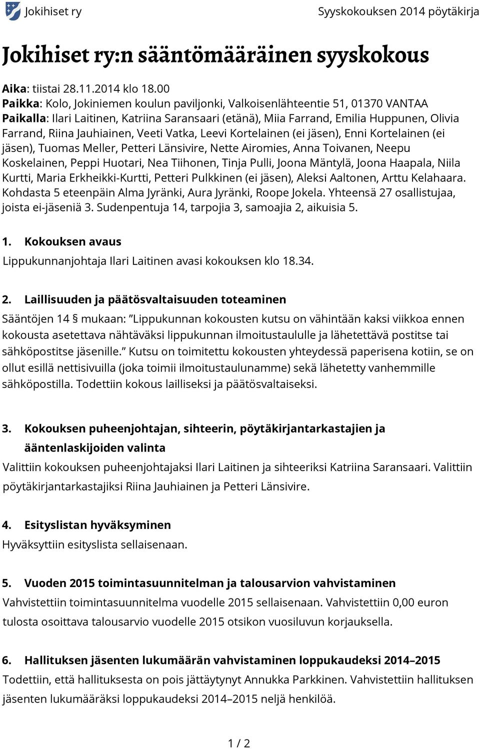 Jauhiainen, Veeti Vatka, Leevi Kortelainen (ei jäsen), Enni Kortelainen (ei jäsen), Tuomas Meller, Petteri Länsivire, Nette Airomies, Anna Toivanen, Neepu Koskelainen, Peppi Huotari, Nea Tiihonen,