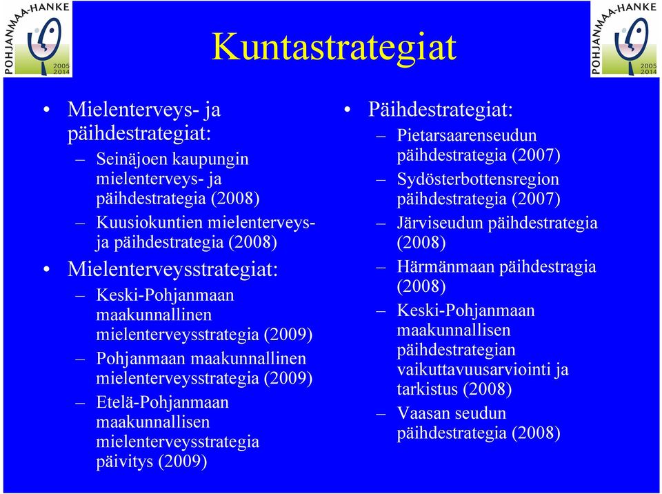 maakunnallisen mielenterveysstrategia päivitys (2009) Päihdestrategiat: Pietarsaarenseudun päihdestrategia (2007) Sydösterbottensregion päihdestrategia (2007)