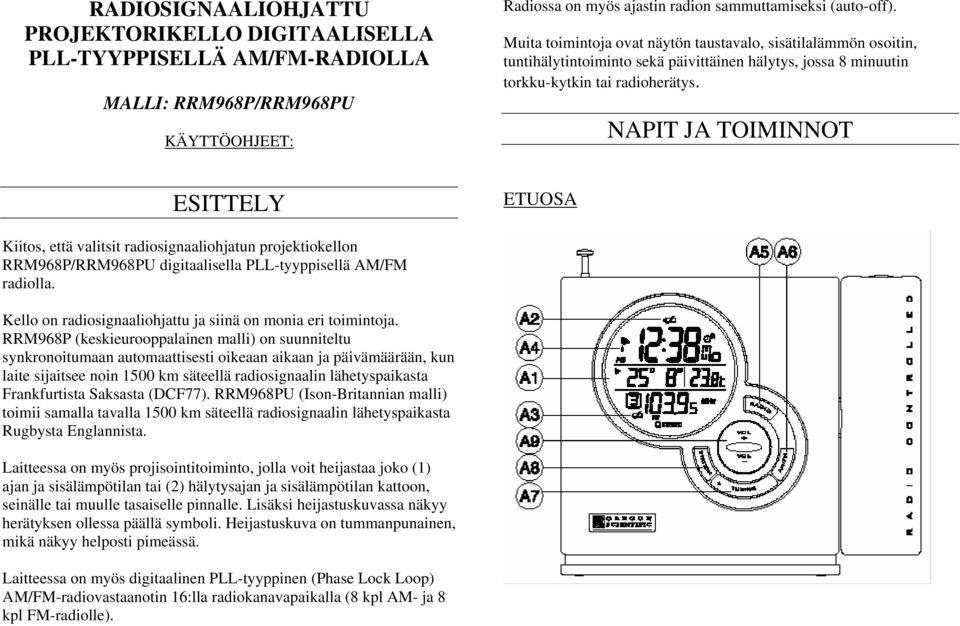 NAPIT JA TOIMINNOT ESITTELY ETUOSA Kiitos, että valitsit radiosignaaliohjatun projektiokellon RRM968P/RRM968PU digitaalisella PLL-tyyppisellä AM/FM radiolla.