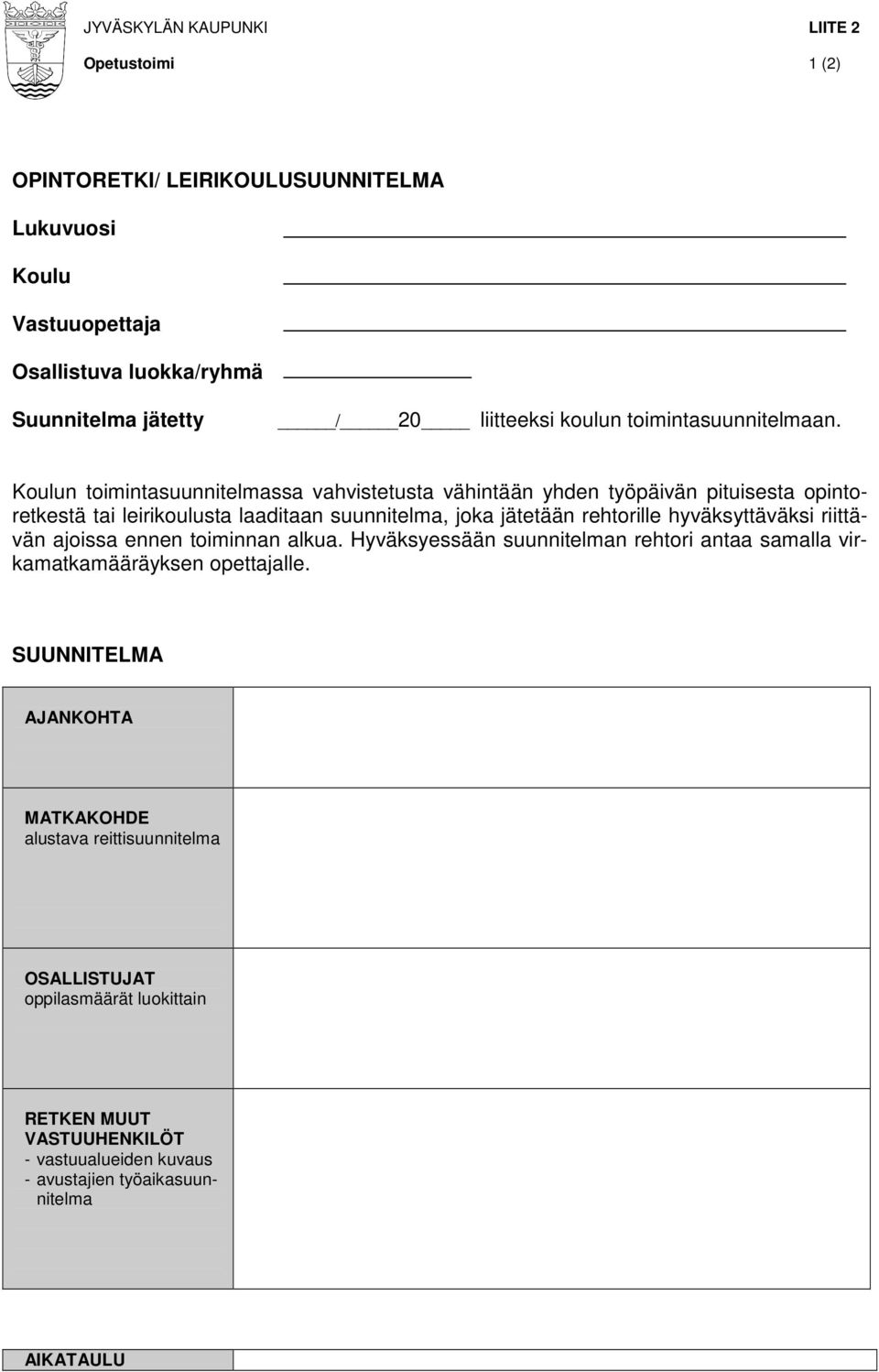 Koulun toimintasuunnitelmassa vahvistetusta vähintään yhden työpäivän pituisesta opintoretkestä tai leirikoulusta laaditaan suunnitelma, joka jätetään rehtorille