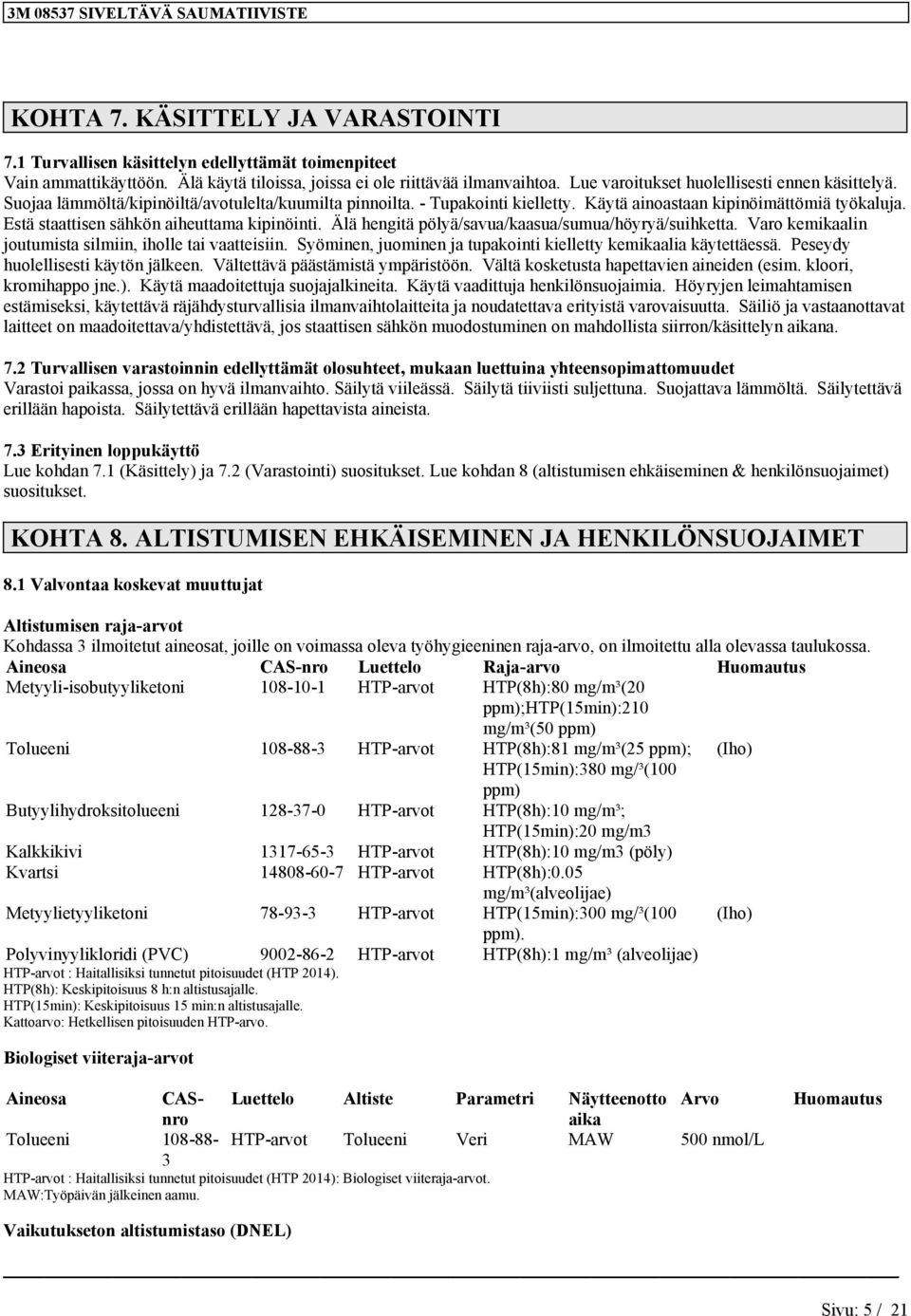 Estä staattise sähkö aiheuttama kipiöiti. Älä hegitä pölyä/savua/kaasua/sumua/höyryä/suihketta. Varo kemikaali joutumista silmii, iholle tai vaatteisii.