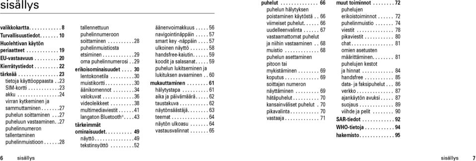 .27 puhelinnumeron tallentaminen puhelinmuistioon......28 tallennettuun puhelinnumeroon soittaminen.......... 28 puhelinmuistiosta etsiminen............ 29 oma puhelinnumerosi.. 29 erikois.