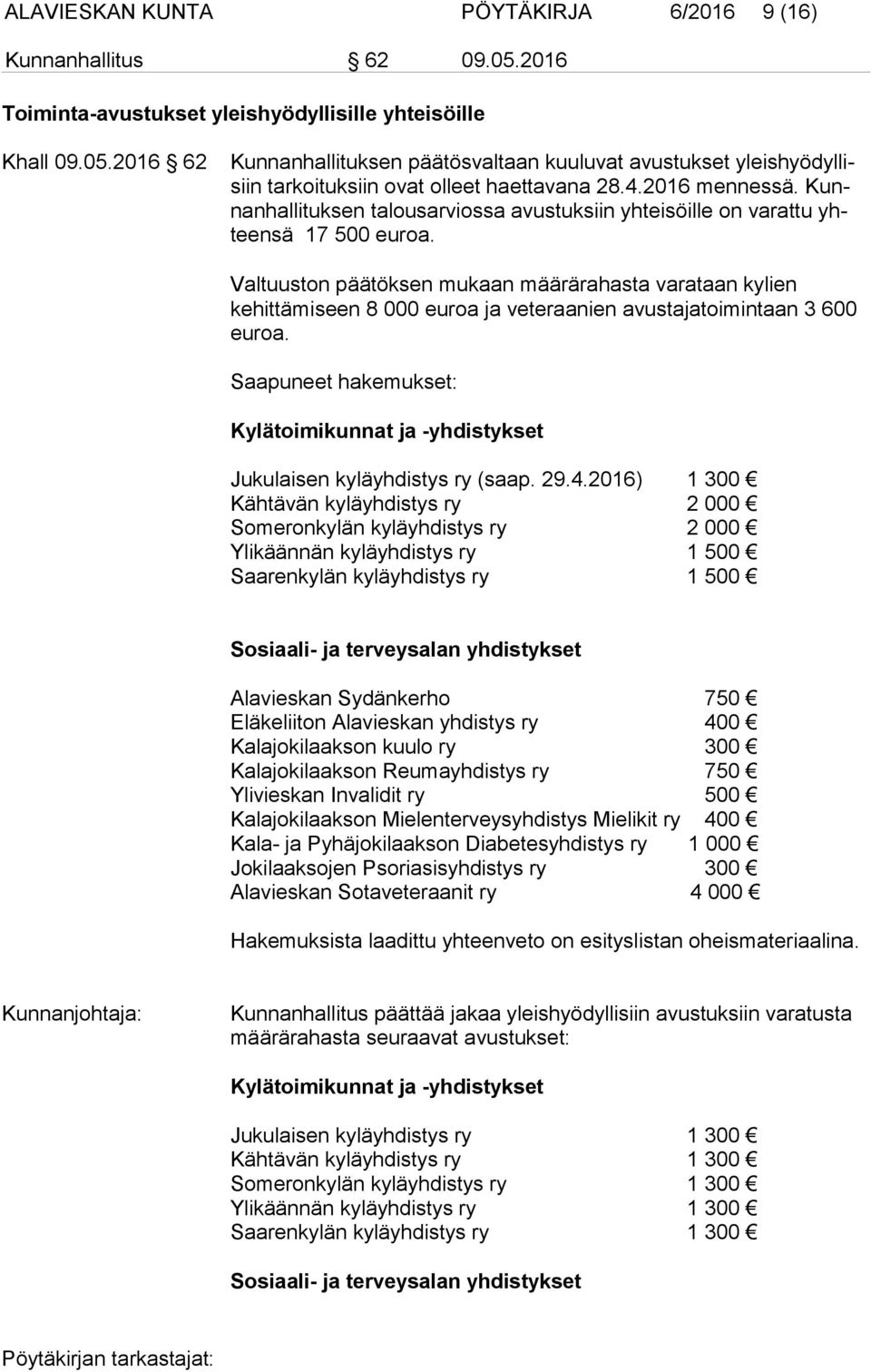 Valtuuston päätöksen mukaan määrärahasta varataan kylien kehittämiseen 8 000 euroa ja veteraanien avustajatoimintaan 3 600 euroa.