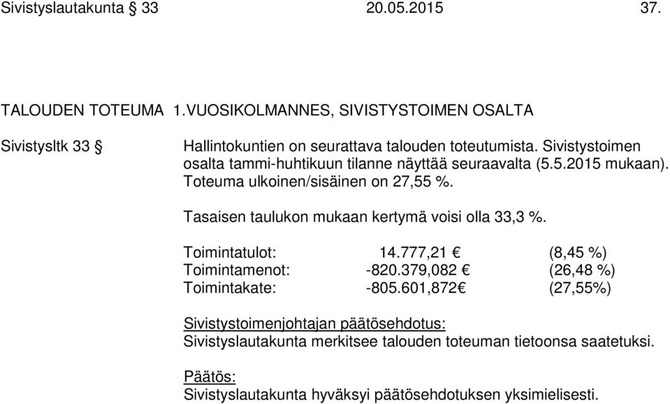 Sivistystoimen osalta tammi-huhtikuun tilanne näyttää seuraavalta (5.5.2015 mukaan). Toteuma ulkoinen/sisäinen on 27,55 %.