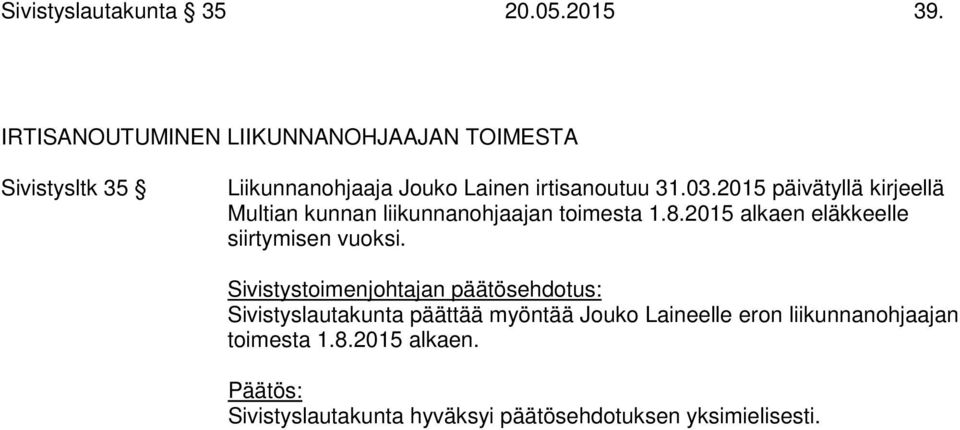 irtisanoutuu 31.03.2015 päivätyllä kirjeellä Multian kunnan liikunnanohjaajan toimesta 1.