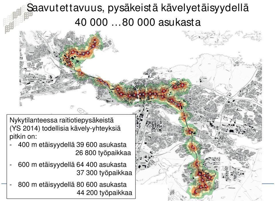 etäisyydellä 39 600 asukasta 26 800 työpaikkaa - 600 m etäisyydellä 64 400 asukasta