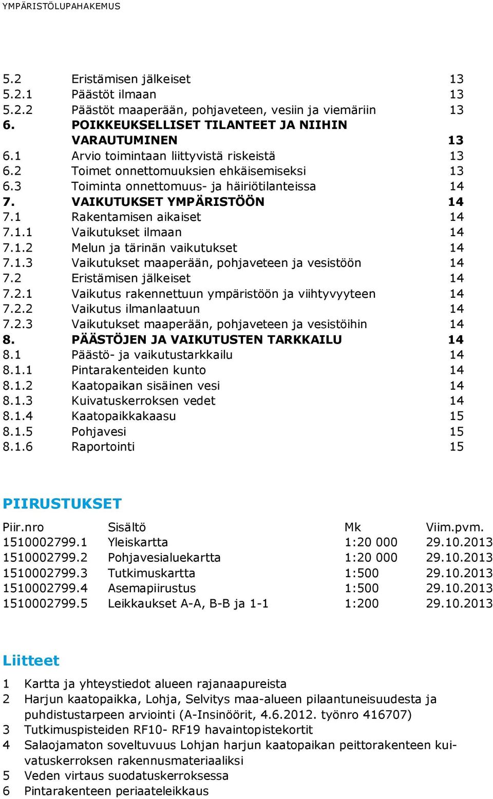 1.2 Melun ja tärinän vaikutukset 14 7.1.3 Vaikutukset maaperään, pohjaveteen ja vesistöön 14 7.2 Eristämisen jälkeiset 14 7.2.1 Vaikutus rakennettuun ympäristöön ja viihtyvyyteen 14 7.2.2 Vaikutus ilmanlaatuun 14 7.