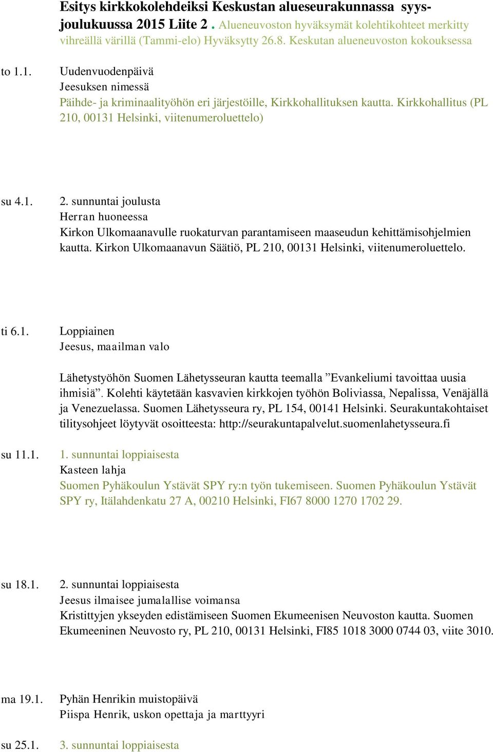 Kirkkohallitus (PL 210, 00131 Helsinki, viitenumeroluettelo) su 4.1. 2. sunnuntai joulusta Herran huoneessa Kirkon Ulkomaanavulle ruokaturvan parantamiseen maaseudun kehittämisohjelmien kautta.