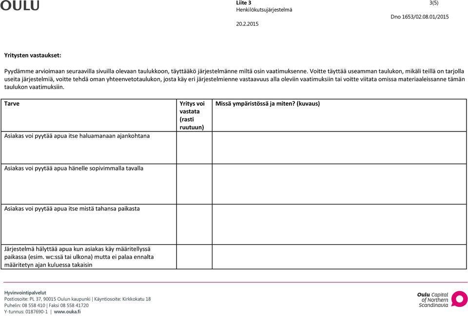 viitata omissa materiaaleissanne tämän taulukon vaatimuksiin. Tarve Asiakas voi pyytää apua itse haluamanaan ajankohtana Yritys voi vastata (rasti ruutuun) Missä ympäristössä ja miten?