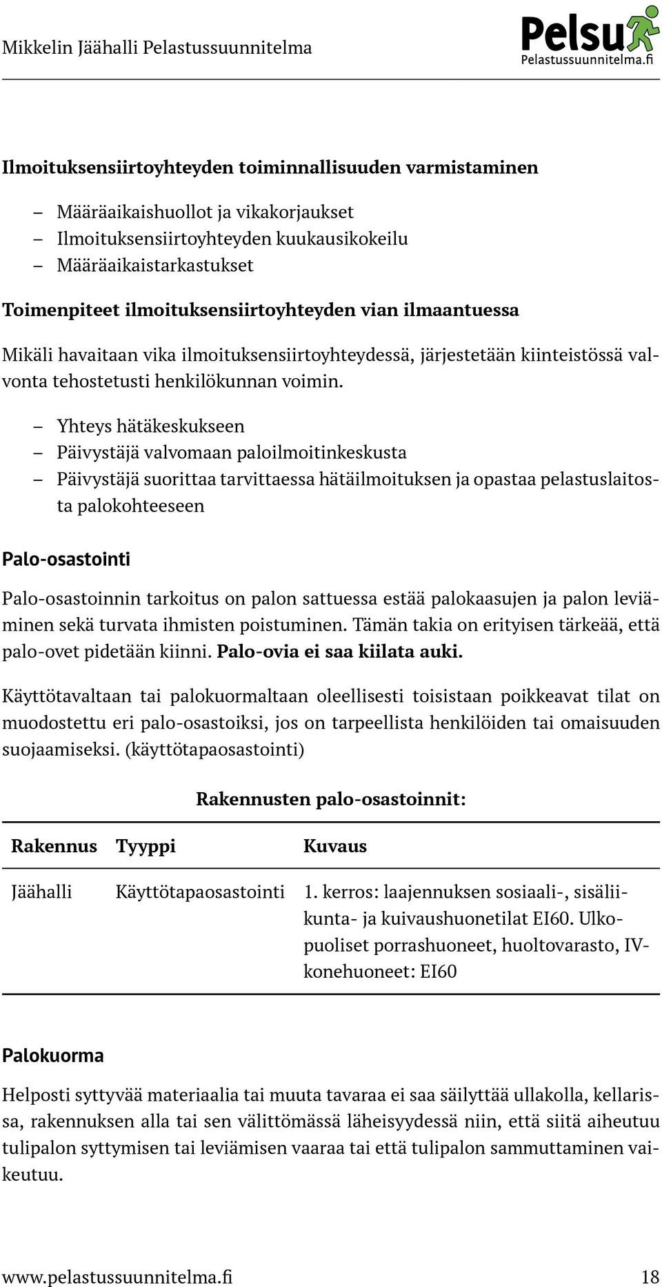 Yhteys hätäkeskukseen Päivystäjä valvomaan paloilmoitinkeskusta Päivystäjä suorittaa tarvittaessa hätäilmoituksen ja opastaa pelastuslaitosta palokohteeseen Palo-osastointi Palo-osastoinnin tarkoitus