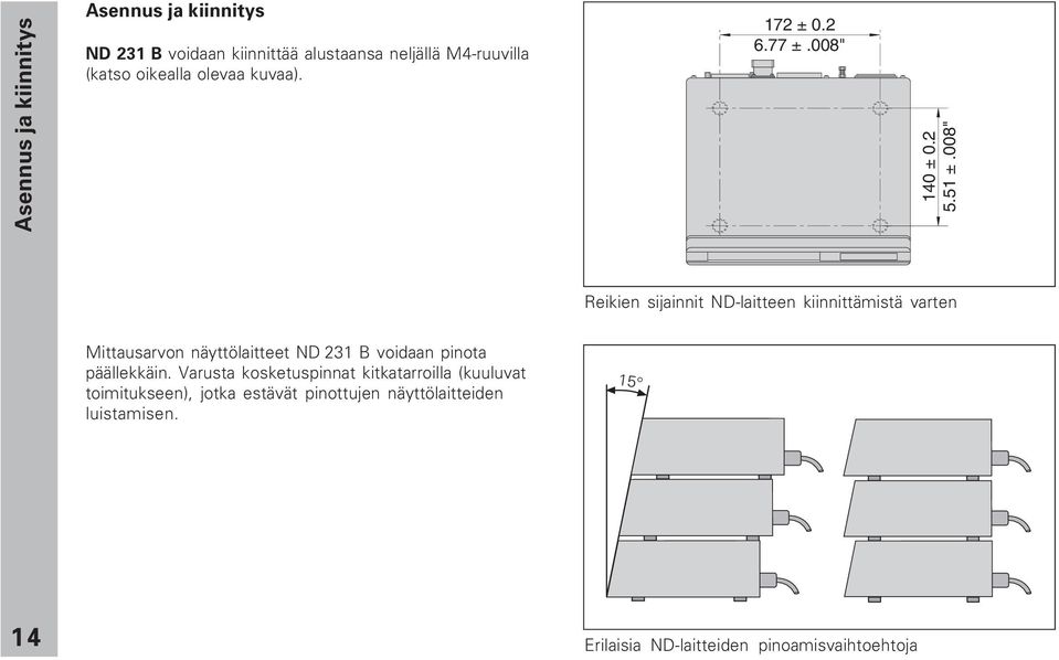 008" Reikien sijainnit ND-laitteen kiinnittämistä varten Mittausarvon näyttölaitteet ND 231 B voidaan pinota