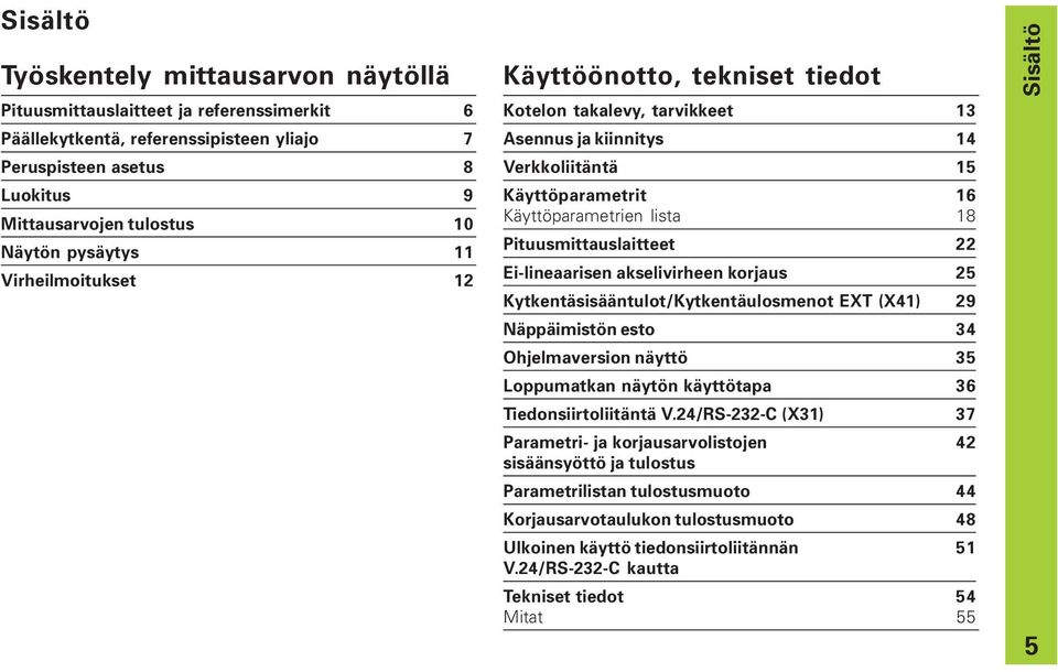 Pituusmittauslaitteet 22 Ei-lineaarisen akselivirheen korjaus 2 Kytkentäsisääntulot/Kytkentäulosmenot EXT (X41) 29 Näppäimistön esto 34 Ohjelmaversion näyttö 3 Loppumatkan näytön käyttötapa 36