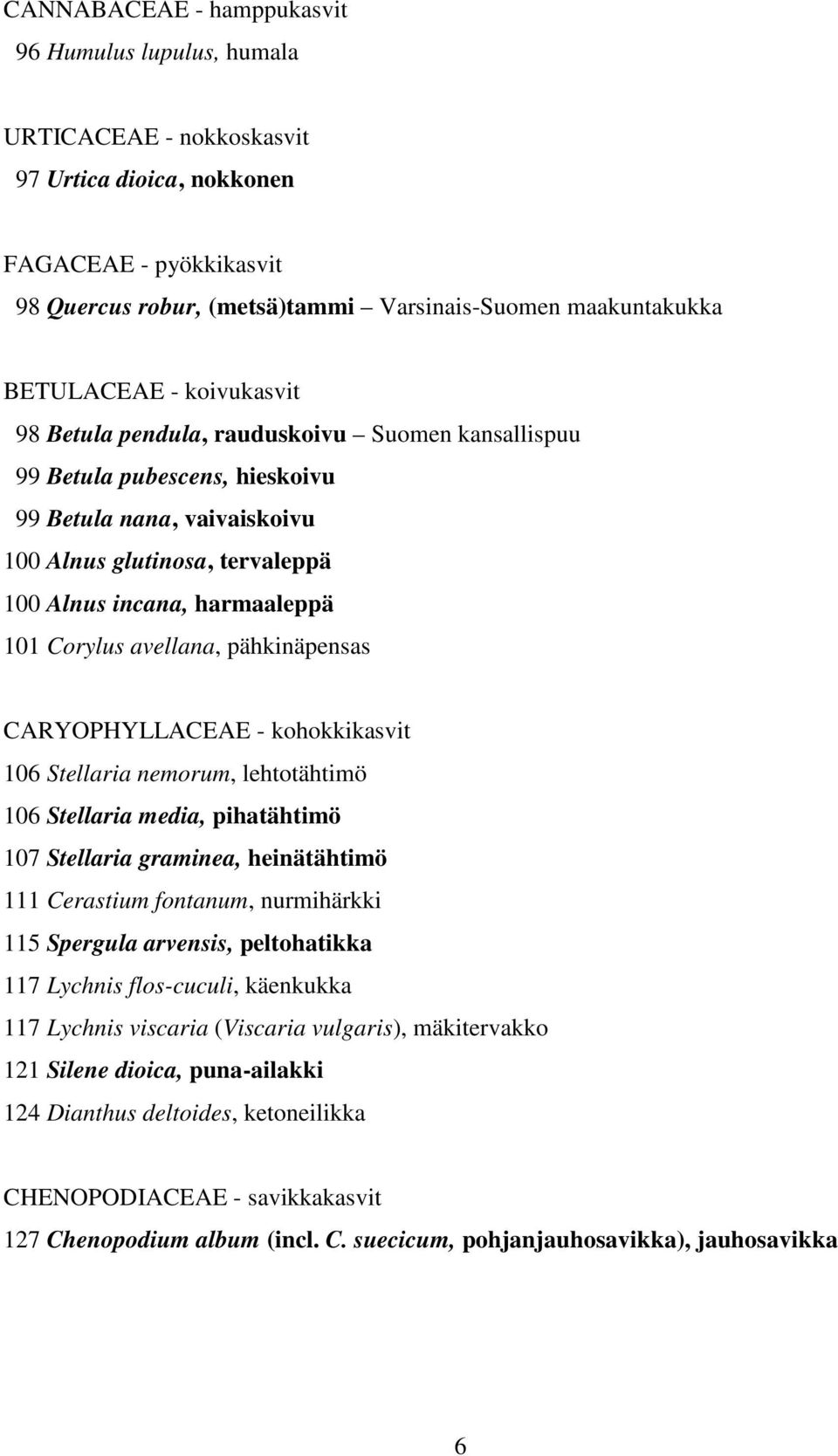 101 Corylus avellana, pähkinäpensas CARYOPHYLLACEAE - kohokkikasvit 106 Stellaria nemorum, lehtotähtimö 106 Stellaria media, pihatähtimö 107 Stellaria graminea, heinätähtimö 111 Cerastium fontanum,