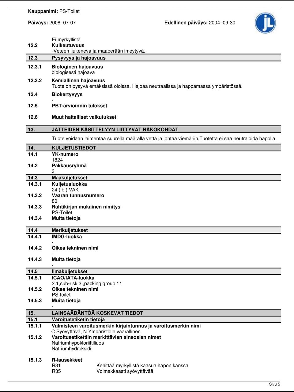 JÄTTEIDEN KÄSITTELYYN LIITTYVÄT NÄKÖKOHDAT Tuote voidaan laimentaa suurella määrällä vettä ja johtaa viemäriin.tuotetta ei saa neutraloida hapolla. 14. KULJETUSTIEDOT 14.1 YKnumero 1824 14.