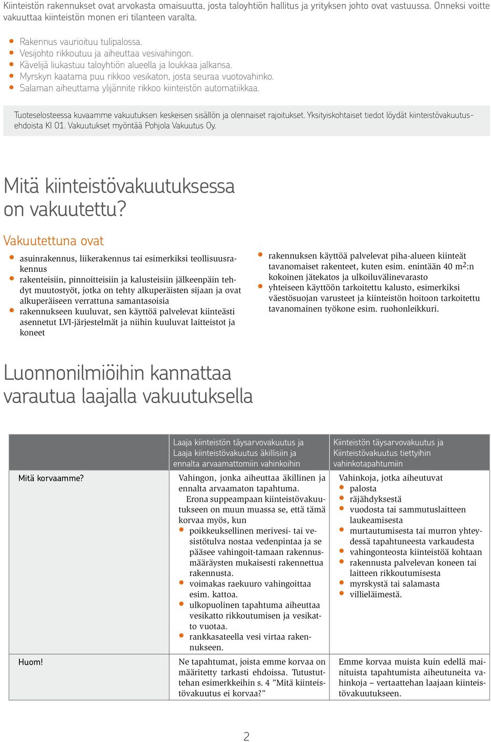 Myrskyn kaatama puu rikkoo vesikaton, josta seuraa vuotovahinko. Salaman aiheuttama ylijännite rikkoo kiinteistön automatiikkaa.