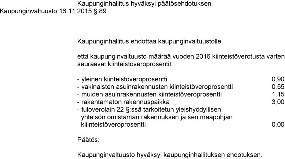 kaupunginvaltuusto määrää vuoden 2016 kiinteistöverotusta varten seuraavat