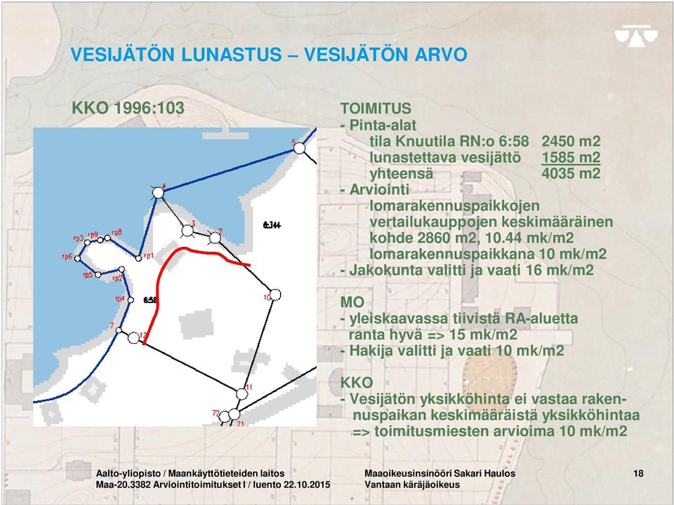 44 mk/m2 lomarakennuspaikkana 10 mk/m2 - Jakokunta valitti ja vaati 16 mk/m2 MO - yleiskaavassa tiivistä RA-aluetta ranta hyvä => 15 mk/m2 - Hakija