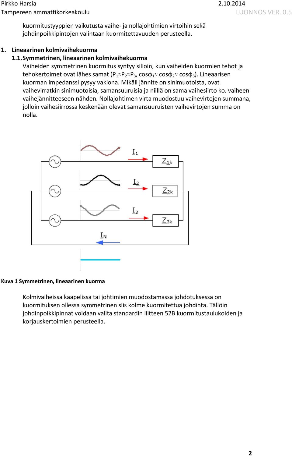 1. Symmetrinen, lineaarinen kolmivaihekuorma Vaiheiden symmetrinen kuormitus syntyy silloin, kun vaiheiden kuormien tehot ja tehokertoimet ovat lähes samat (P 1 P P 3, cosφ 1 cosφ cosφ 3 ).
