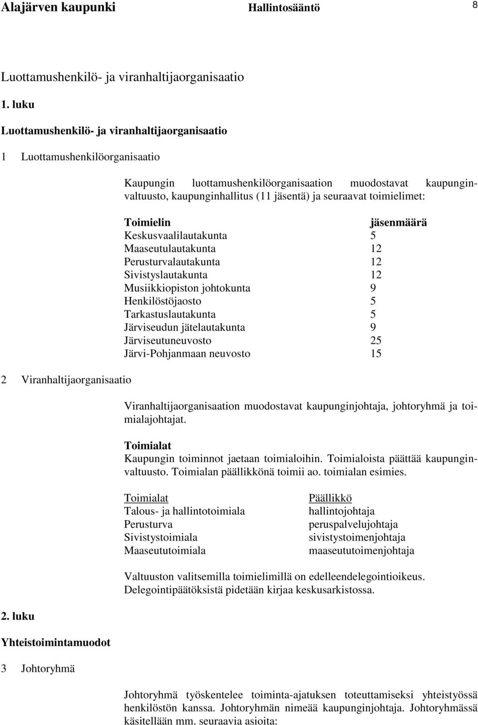 (11 jäsentä) ja seuraavat toimielimet: Toimielin jäsenmäärä Keskusvaalilautakunta 5 Maaseutulautakunta 12 Perusturvalautakunta 12 Sivistyslautakunta 12 Musiikkiopiston johtokunta 9 Henkilöstöjaosto 5