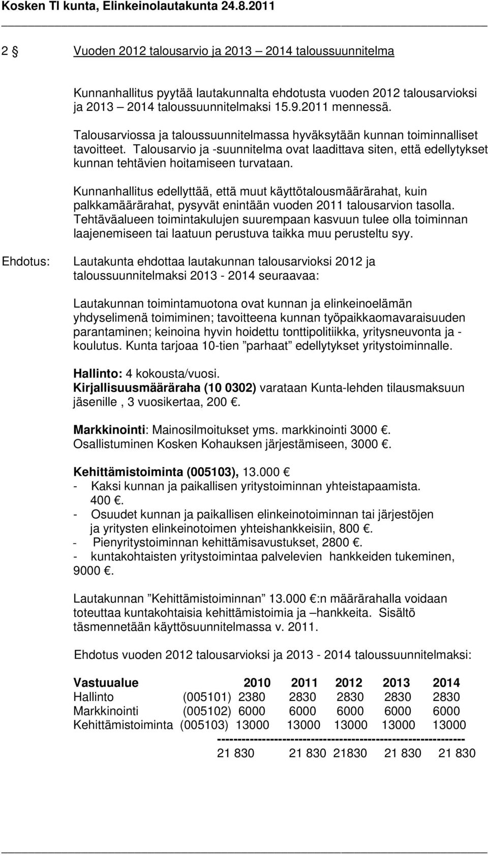 Kunnanhallitus edellyttää, että muut käyttötalousmäärärahat, kuin palkkamäärärahat, pysyvät enintään vuoden 2011 talousarvion tasolla.