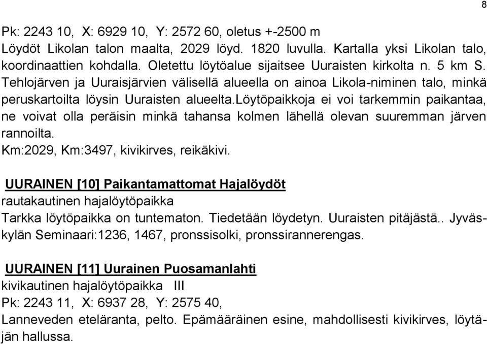 löytöpaikkoja ei voi tarkemmin paikantaa, ne voivat olla peräisin minkä tahansa kolmen lähellä olevan suuremman järven rannoilta. Km:2029, Km:3497, kivikirves, reikäkivi.