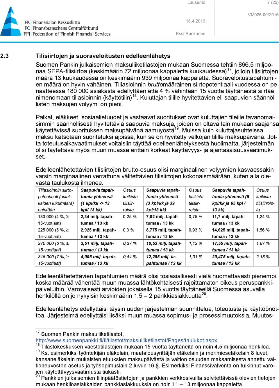 kuukaudessa) 17, jolloin tilisiirtojen määrä 13 kuukaudessa on keskimäärin 939 miljoonaa kappaletta. Suoraveloitustapahtumien määrä on hyvin vähäinen.