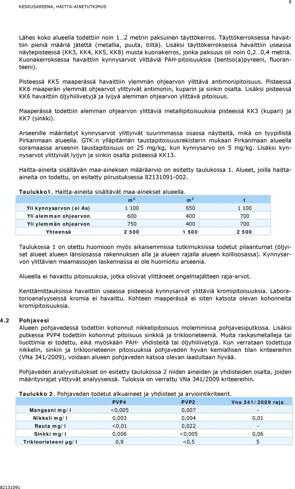 Kuonakerroksessa havaittiin kynnysarvot ylittäviä PAH-pitoisuuksia (bentso(a)pyreeni, fluoranteeni). Pisteessä KK5 maaperässä havaittiin ylemmän ohjearvon ylittävä antimonipitoisuus.