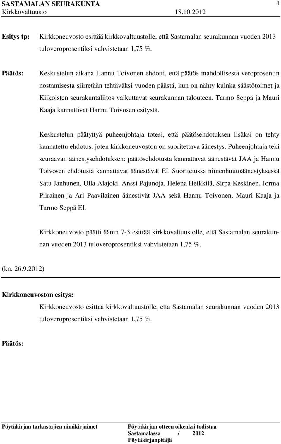 vaikuttavat seurakunnan talouteen. Tarmo Seppä ja Mauri Kaaja kannattivat Hannu Toivosen esitystä.