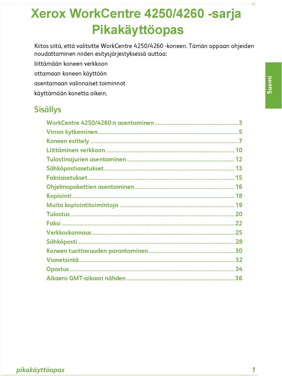 Suomi Sisällys WorkCentre 4250/4260:n asentaminen...3 Virran kytkeminen...5 Koneen esittely...7 Liittäminen verkkoon... 10 Tulostinajurien asentaminen... 12 Sähköpostiasetukset.