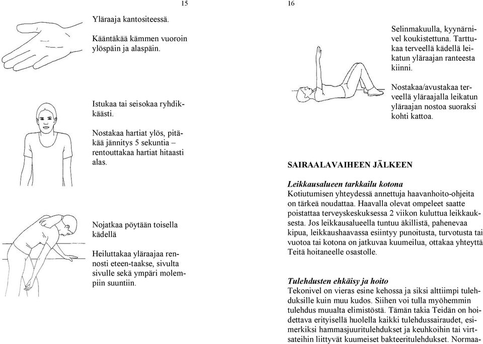 Tarttukaa terveellä kädellä leikatun yläraajan ranteesta kiinni. Nostakaa/avustakaa terveellä yläraajalla leikatun yläraajan nostoa suoraksi kohti kattoa.