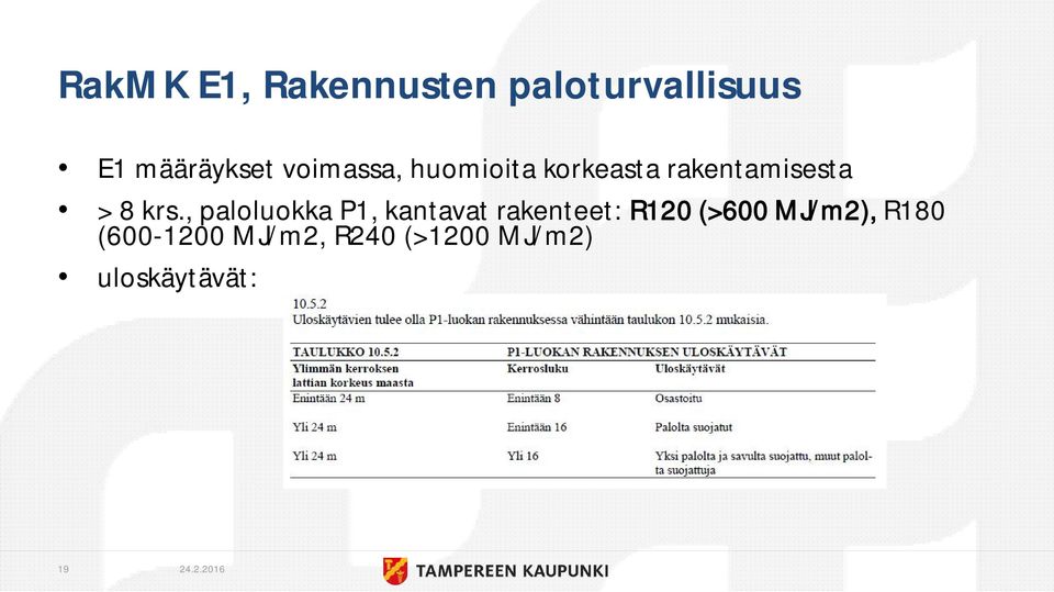 , paloluokka P1, kantavat rakenteet: R120 (>600