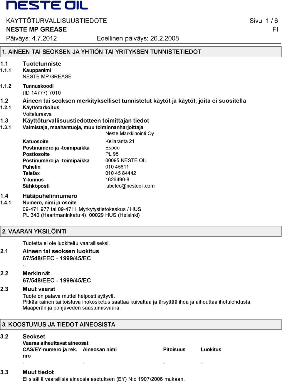 Käyttöturvallisuustiedotteen toimittajan tiedot 1.3.