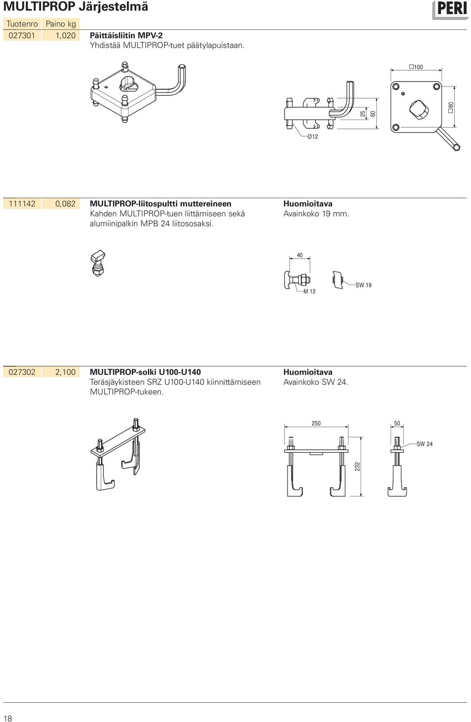 100 80 25 60 Ø12 111142 0,082 MULTIPROP-liitospultti muttereineen Kahden MULTIPROP-tuen liittämiseen sekä