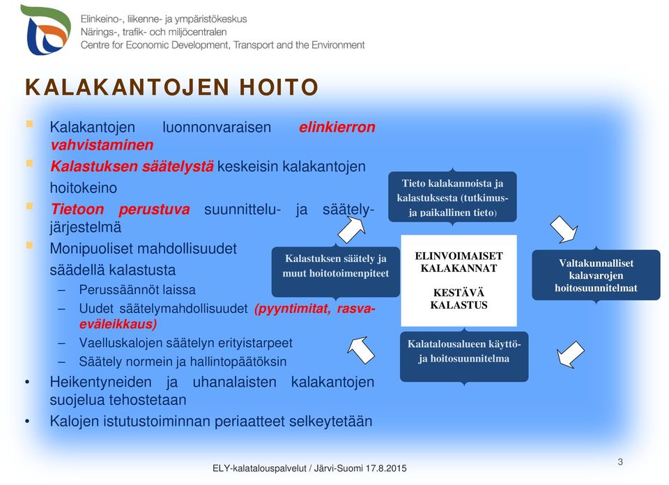 Vaelluskalojen säätelyn erityistarpeet Säätely normein ja hallintopäätöksin Heikentyneiden ja uhanalaisten kalakantojen suojelua tehostetaan Kalojen istutustoiminnan periaatteet