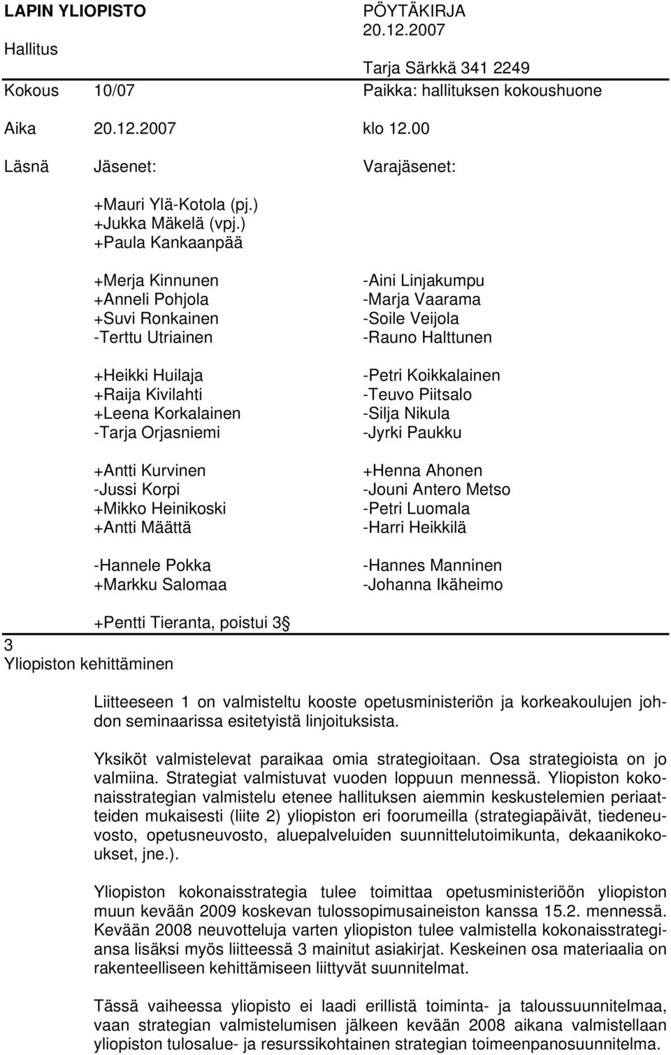 ) +Paula Kankaanpää +Merja Kinnunen +Anneli Pohjola +Suvi Ronkainen -Terttu Utriainen +Heikki Huilaja +Raija Kivilahti +Leena Korkalainen -Tarja Orjasniemi +Antti Kurvinen -Jussi Korpi +Mikko